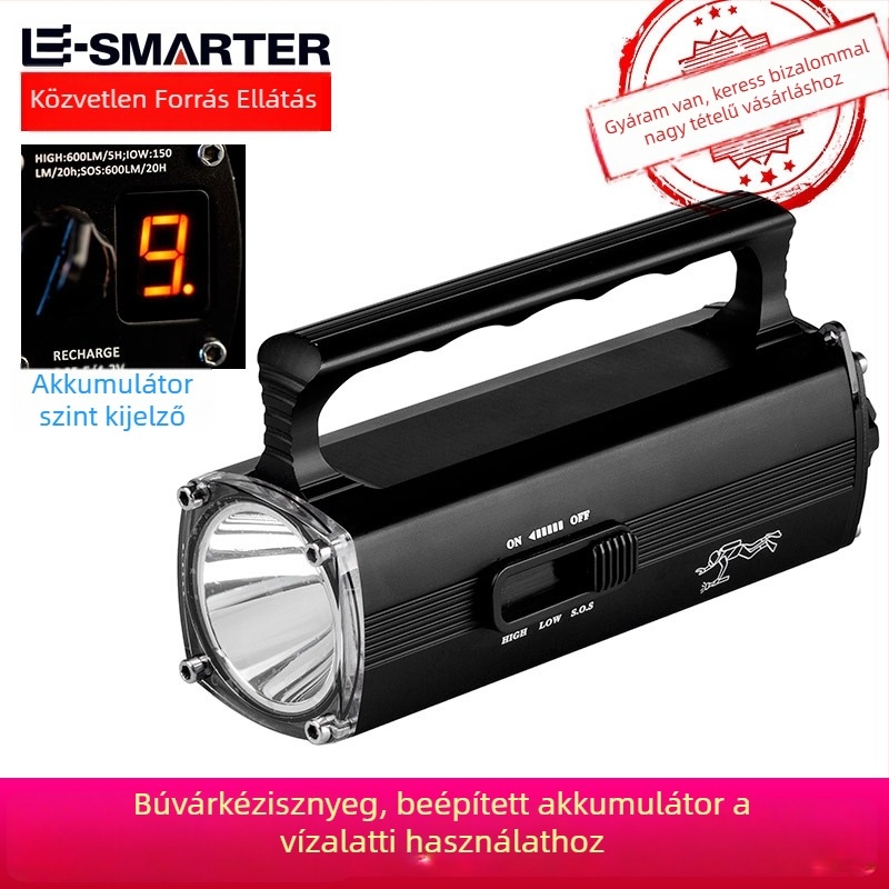 LED elemlámpa alumíniumötvözetből, 6600 mAh akkumulátor, 15W teljesítmény, LED fényforrás, hatótáv 200-500 m