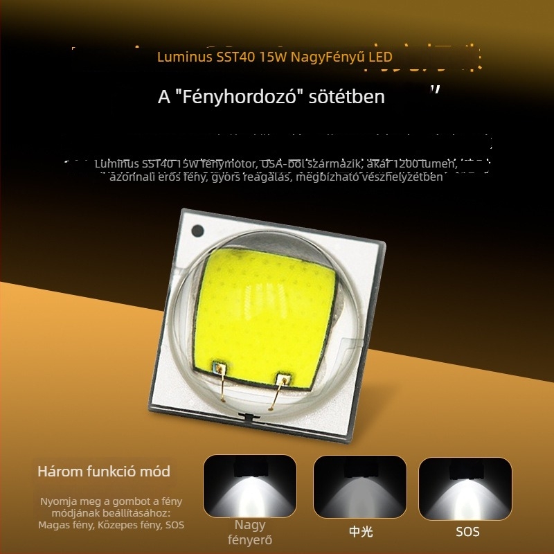 IP68 vízálló újratölthető LED zseblámpa, 15W SST40, 4400mAh, 200–500 m hatótávolság