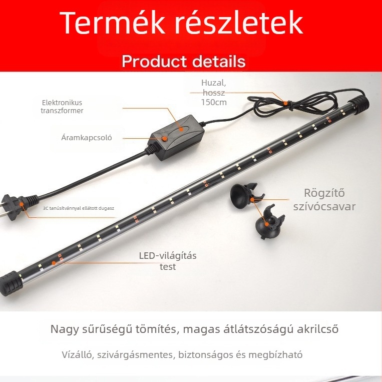 Beható LED akváriumi fény növényekhez, vízálló, PVC/üveg, T4-20 modell, 3–12W, 150 g