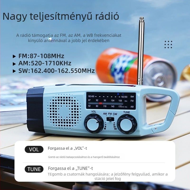 Vészhelyzeti többfunkciós rádió földrengésriasztóval, kézi működtetésű energiaellátás és LED zseblámpa, 2000mAh akkumulátor