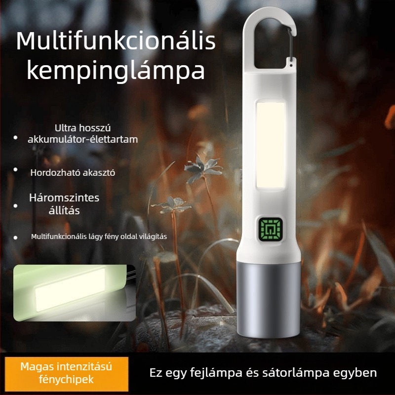 Kültéri LED elemlámpa COB oldalsó fénnyel, kézi hajtású, újratölthető, kulcstartó, 100–200 m hatótávolság