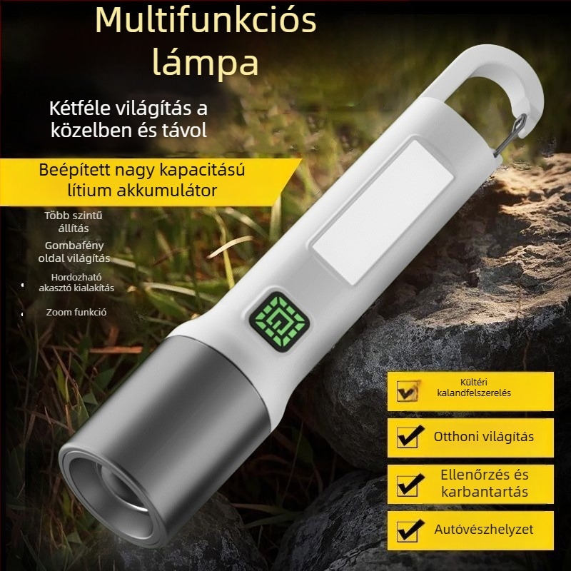 Kültéri LED elemlámpa COB oldalsó fénnyel, kézi hajtású, újratölthető, kulcstartó, 100–200 m hatótávolság