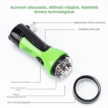 Sasen töltő LED zseblámpa 4+1 bankjegyellenőrzéssel, 360° forgás, kézi hajtás, hatótáv 100–200 m