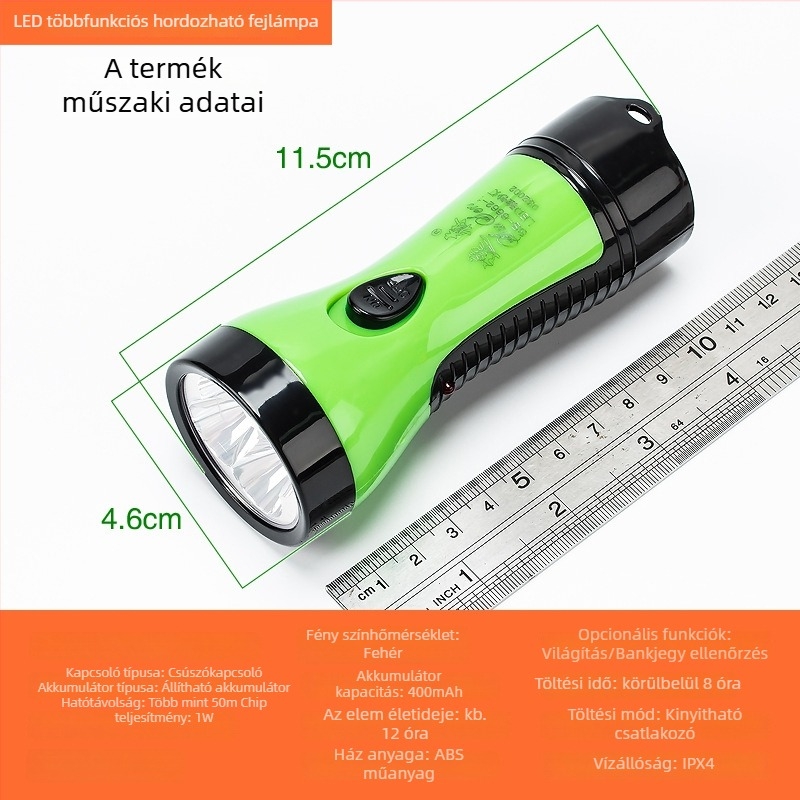 Sasen töltő LED zseblámpa 4+1 bankjegyellenőrzéssel, 360° forgás, kézi hajtás, hatótáv 100–200 m