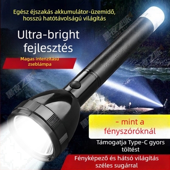 Újratölthető LED zseblámpa 3 üzemmóddal, 360°-os forgatható fej, 2400mAh akkumulátor, 100–200 m hatótávolság, 5–8 órás üzemidő.
