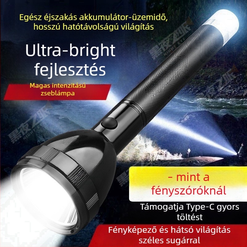 Újratölthető LED zseblámpa 3 üzemmóddal, 360°-os forgatható fej, 2400mAh akkumulátor, 100–200 m hatótávolság, 5–8 órás üzemidő.