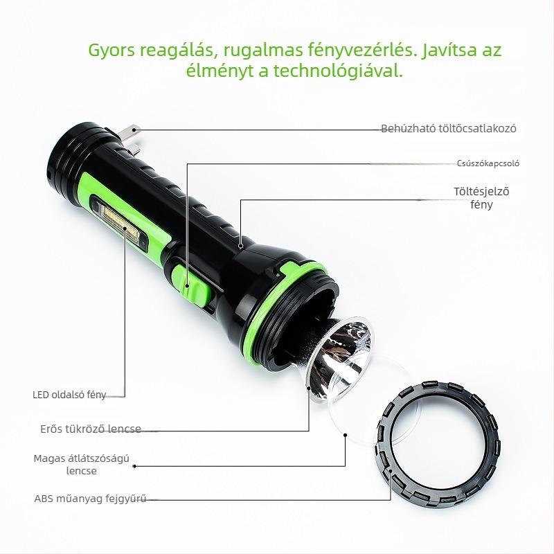 LED újratölthető elemlámpa kézi hajtással, 360°-ban forgó fej, 200–500 m hatótávolság