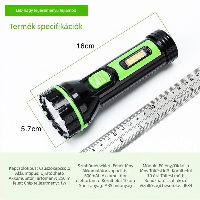 LED újratölthető elemlámpa kézi hajtással, 360°-ban forgó fej, 200–500 m hatótávolság