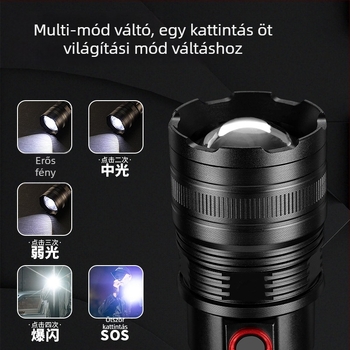 LED zseblámpa alumínium testtel, 30W, 4500mAh akkumulátor, akár 500 m hatótávolság, zoom