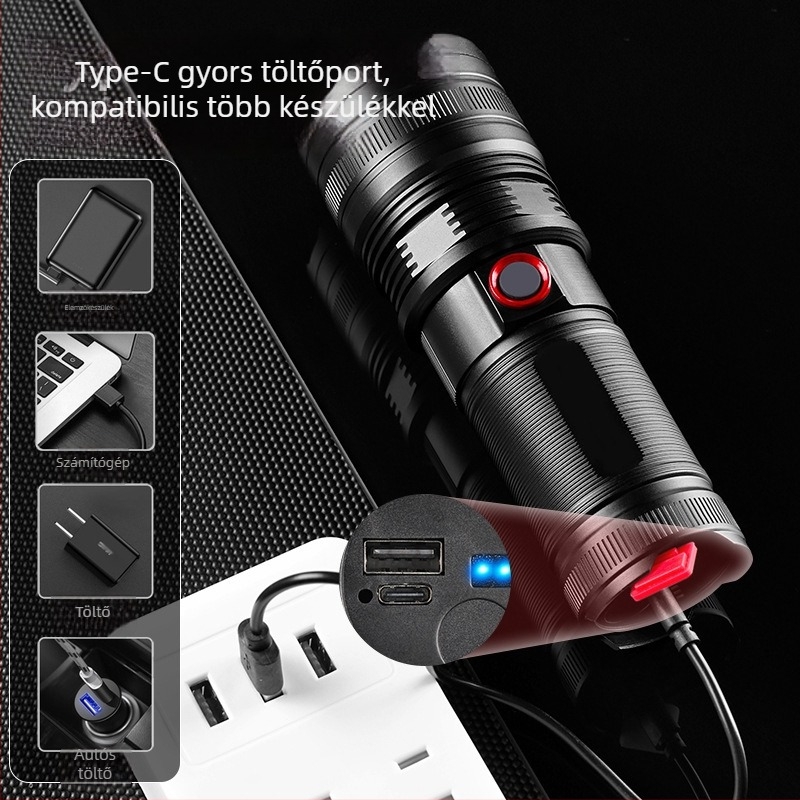 LED zseblámpa alumínium testtel, 30W, 4500mAh akkumulátor, akár 500 m hatótávolság, zoom