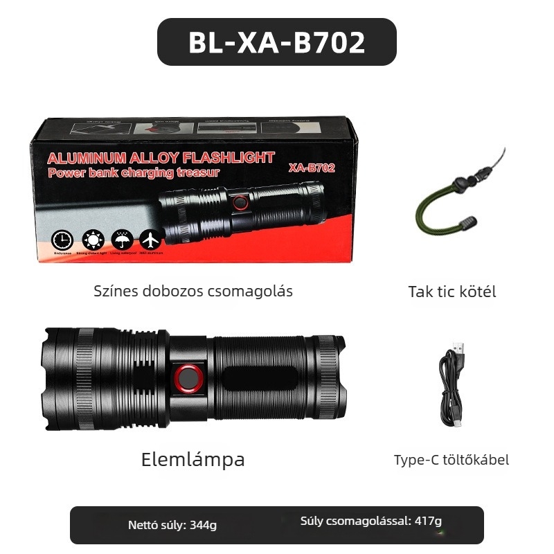 LED zseblámpa alumínium testtel, 30W, 4500mAh akkumulátor, akár 500 m hatótávolság, zoom