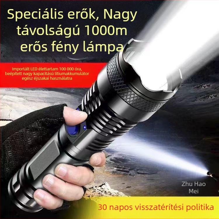 LED elemlámpa USB töltésű ABS tokozás, 10 W teljesítmény, fény 100–200 m, akkumulátor kapacitás 400