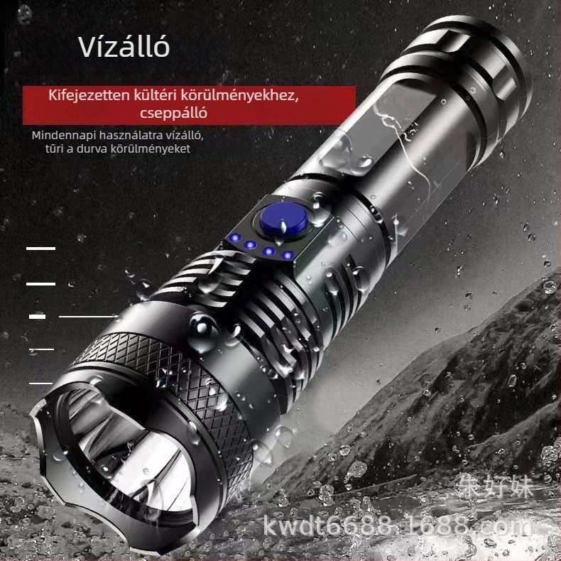 LED elemlámpa USB töltésű ABS tokozás, 10 W teljesítmény, fény 100–200 m, akkumulátor kapacitás 400