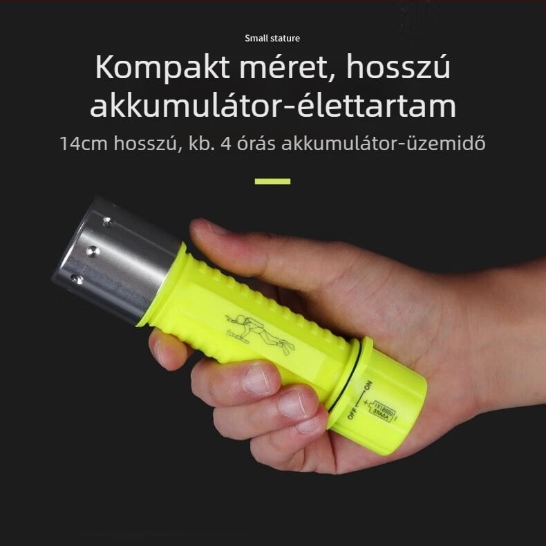Goread búvár LED zseblámpa, 5W, 2000mAh újratölthető akkumulátor, 18650-es töltés, hatótáv 100–200 m