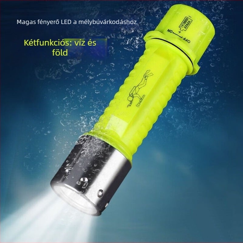 Goread búvár LED zseblámpa, 5W, 2000mAh újratölthető akkumulátor, 18650-es töltés, hatótáv 100–200 m