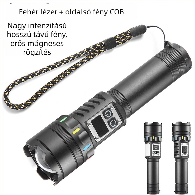 Lézeres zseblámpa, alumíniumötvözet testtel, 1800mAh újratölthető akkumulátor, 20W teljesítmény, 500 m+ hatótáv