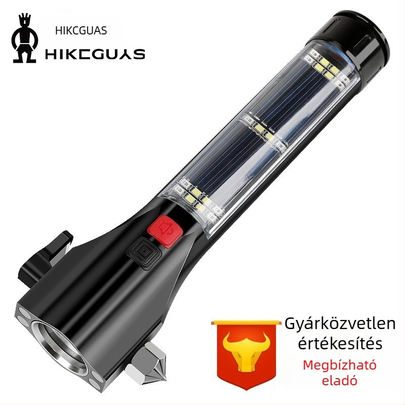 Vészhelyzeti LED zseblámpa állítható fókuszúval, mentőkalapáccsal és lézerrel – újratölthető 4800mAh akkumulátor, alumínium ötvözet test
