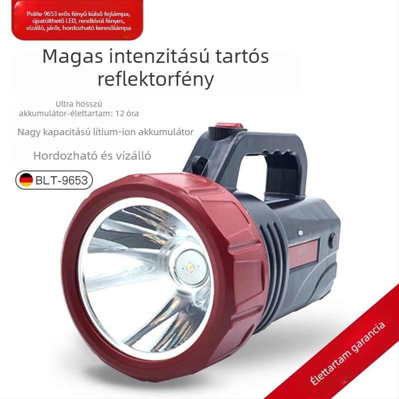 Újratölthető LED elemlámpa kültéri használatra, vízálló, nagy fényerő, többfunkciós kézi keresőfény (test: mérnöki műanyag)