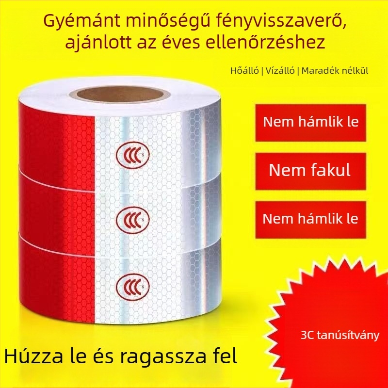 Kamionra készült fényvisszaverő matricák – piros-fehér figyelmeztető sávok a jármű karosszériáján, éves műszaki vizsgálatra.