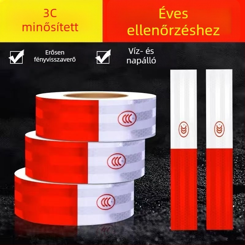Kamionra készült fényvisszaverő matricák – piros-fehér figyelmeztető sávok a jármű karosszériáján, éves műszaki vizsgálatra.