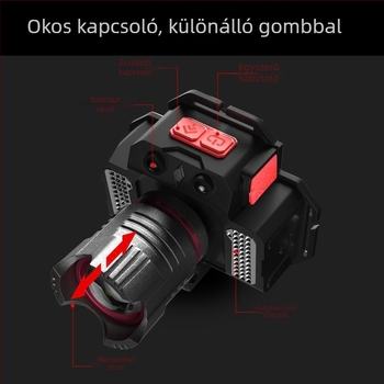 Gelin újratölthető fejlámpa, alumíniumötvözet testtel, 10W, 2200mAh, 360° forgás, 200–500 m hatótáv