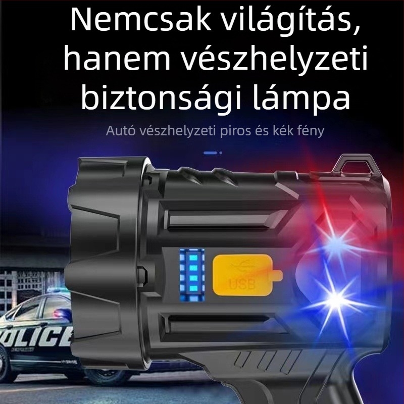 Kézben tartható LED zseblámpa napelemes és USB töltéssel, kézi generátoros működés, 4200mAh, 20W, hatótávolság több mint 500 m