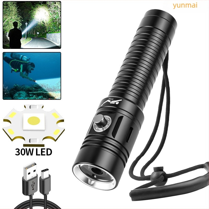 Búvár LED zseblámpa beépített akkumulátorral, Type-C töltés, 10W, 350+ lm, 500 m-es hatótáv, alumíniumötvözet ház