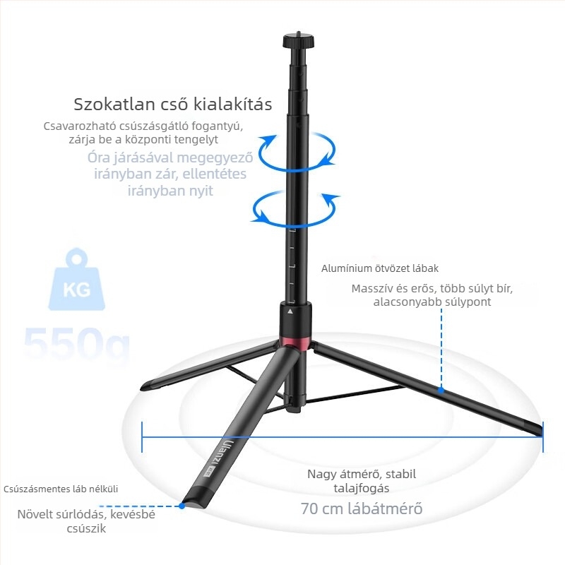 Hordozható fényképező állvány görgős tripod mobiltelefonhoz — alumíniumötvözet, teherbírás 2–5 kg, gyorskioldó fej, PTZ nélkül