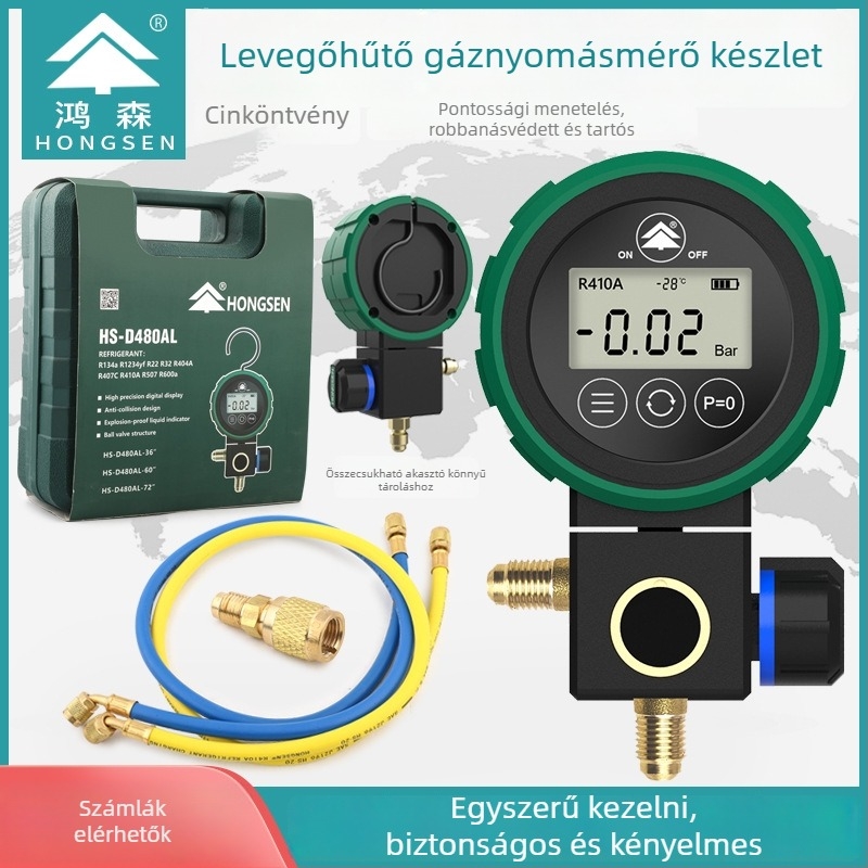 Hongsen HS-D480AH/L Digitális nyomásmérő hűtőközeghez, klímaberendezésekhez — magas és alacsony nyomás