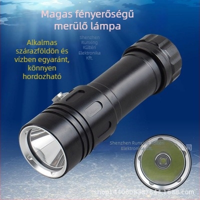 Professzionális búvár LED elemlámpa, alumínium ötvözet testtel, 10W, kézi energiaelőállítás, 200–500 m hatótávolság