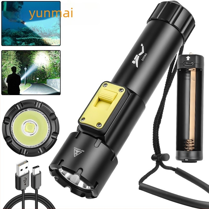 USB-töltésű búvárkodási lámpa, alumínium ötvözet test, 15W, 350+ lumen, hatótáv 100–200 m