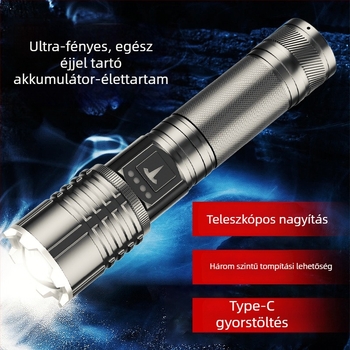 LED zseblámpa optikai zoommal, 5000mAh akkumulátor, 30W teljesítmény, alumíniumötvözet test, power bank funkció