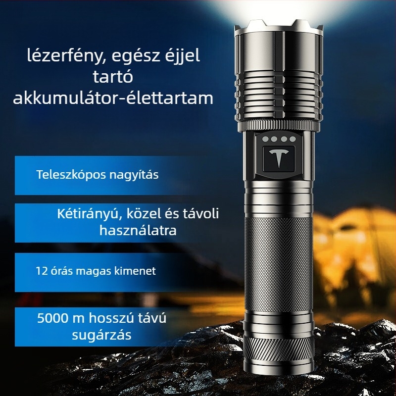 LED zseblámpa optikai zoommal, 5000mAh akkumulátor, 30W teljesítmény, alumíniumötvözet test, power bank funkció
