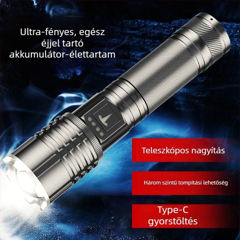 LED zseblámpa optikai zoommal, 5000mAh akkumulátor, 30W teljesítmény, alumíniumötvözet test, power bank funkció