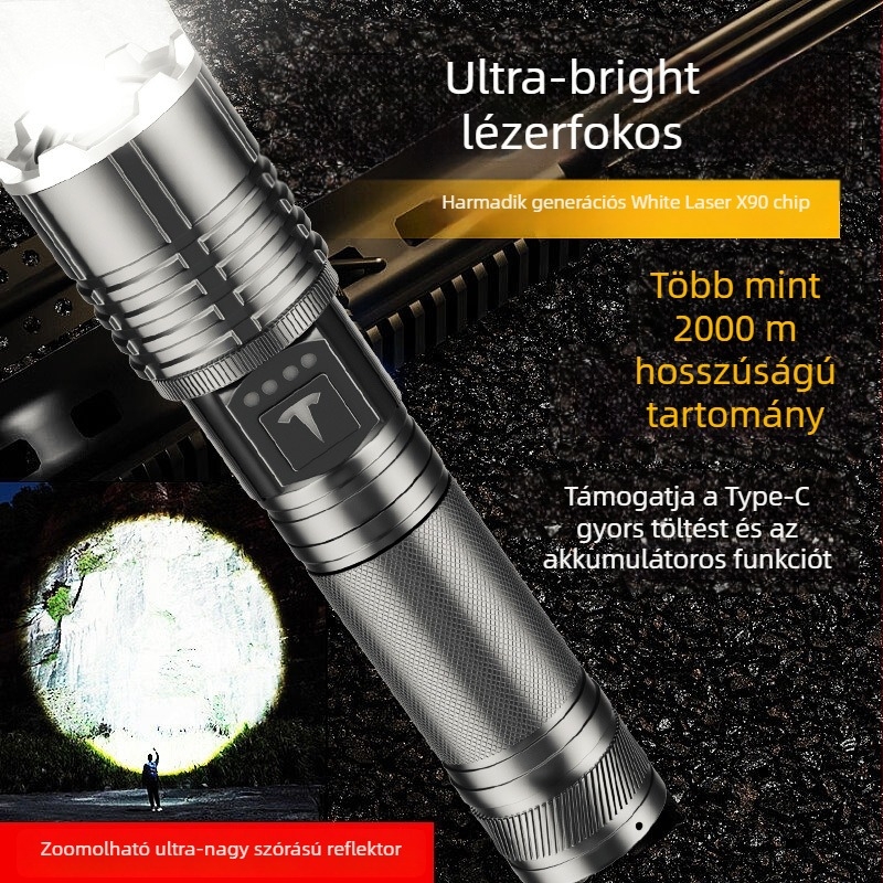LED zseblámpa optikai zoommal, 5000mAh akkumulátor, 30W teljesítmény, alumíniumötvözet test, power bank funkció