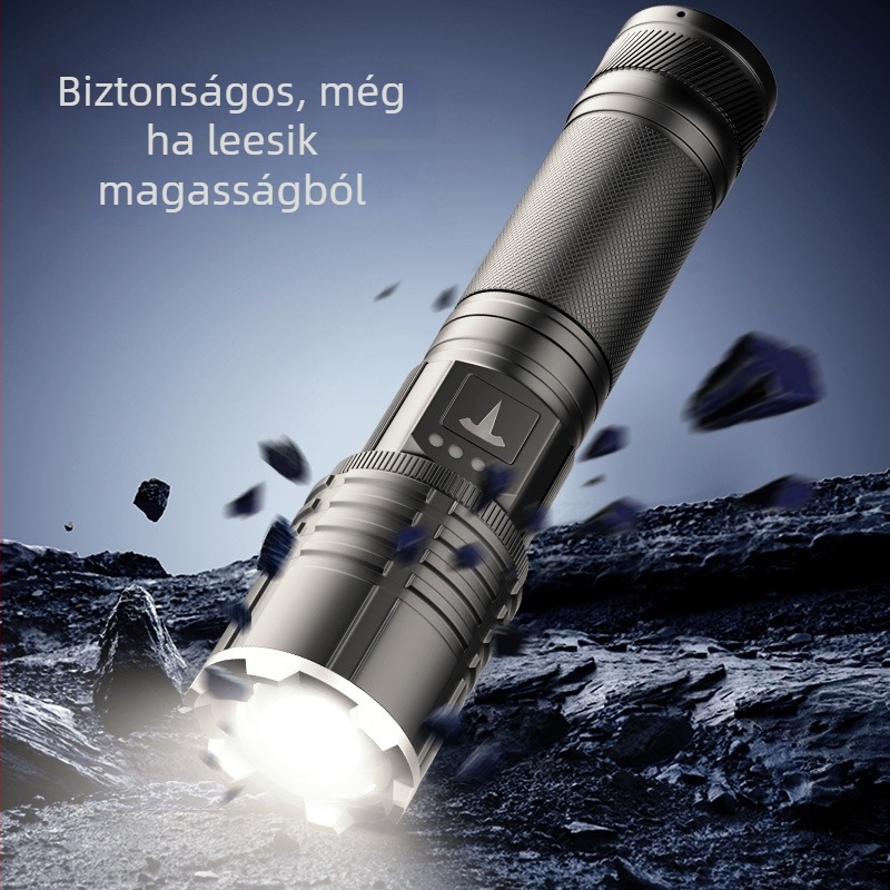 LED zseblámpa optikai zoommal, 5000mAh akkumulátor, 30W teljesítmény, alumíniumötvözet test, power bank funkció