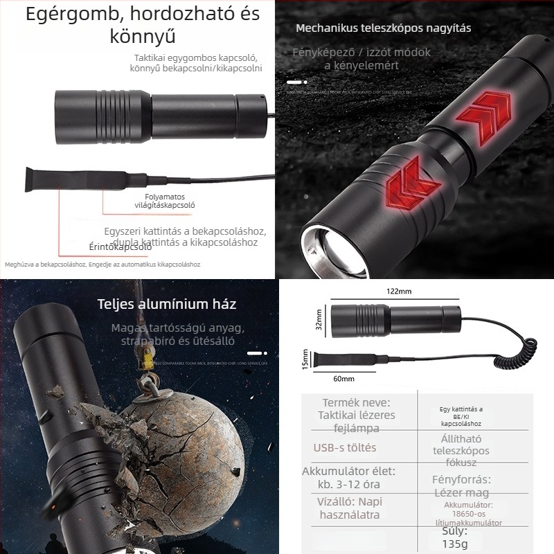 Optikai zoomos taktikai zseblámpa, LED 10W, újratölthető Li-ion akkumulátor, hatótávolság 200–500 m, 360°-os forgás