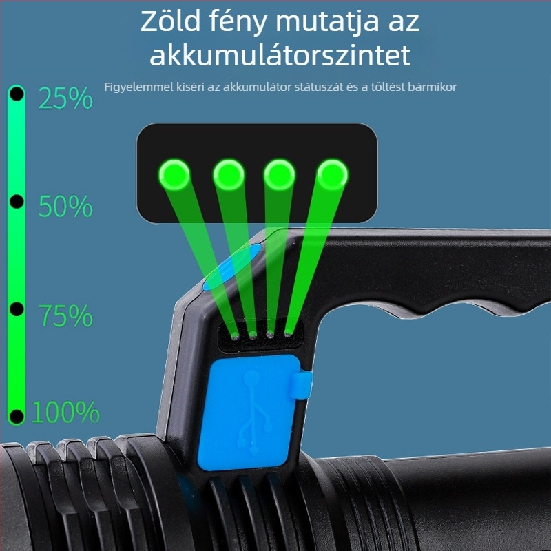 LED elemlámpa – hosszú hatótáv, újratölthető, 5W, 1500 mAh, hatótáv 100–200 m