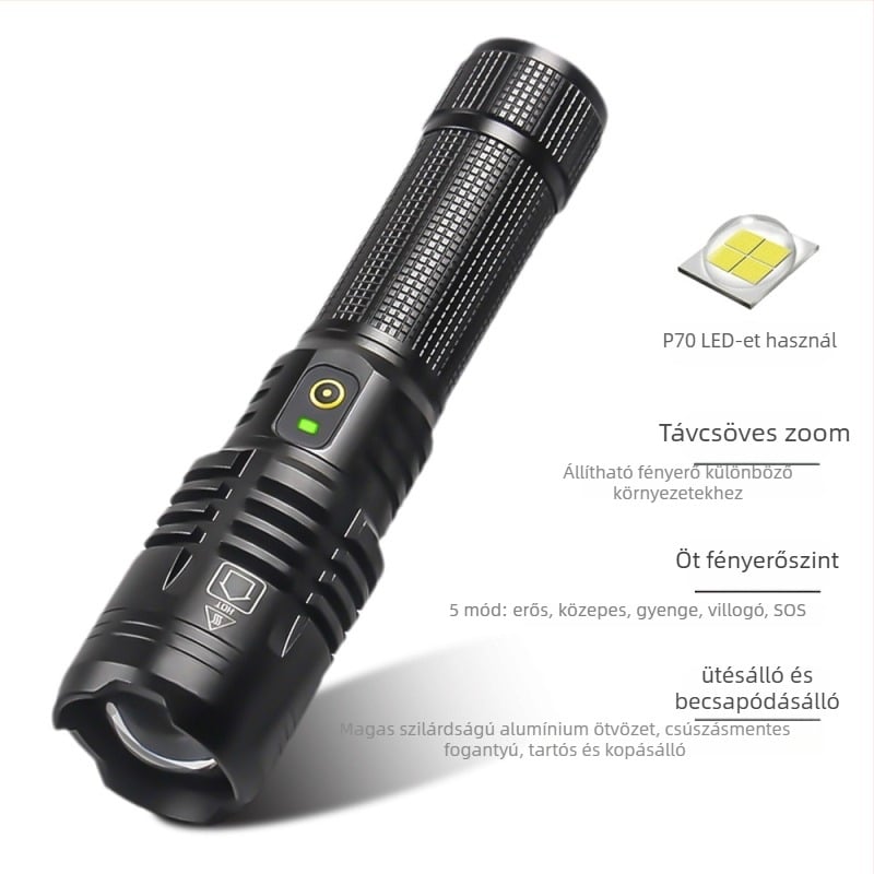Kézikerékhajtású LED zseblámpa telefon töltéssel, hosszú hatótávolságú kültéri vészvilágítás, 2000mAh akkumulátor, 360°-os forgás, beépített töltő