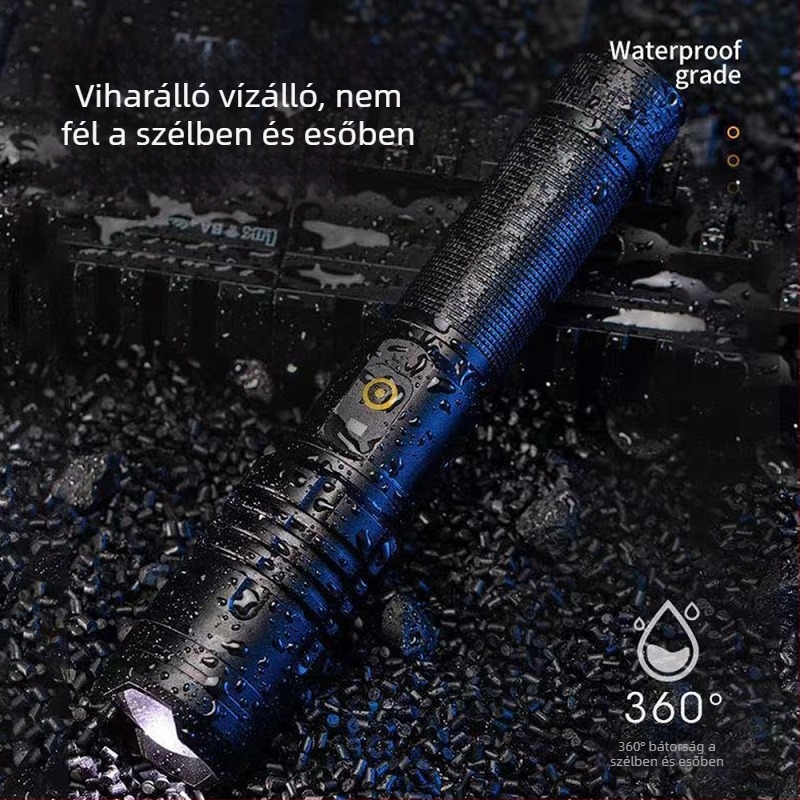 Kézikerékhajtású LED zseblámpa telefon töltéssel, hosszú hatótávolságú kültéri vészvilágítás, 2000mAh akkumulátor, 360°-os forgás, beépített töltő