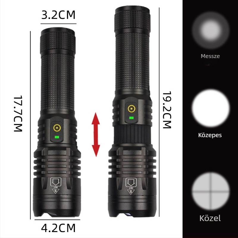 Kézikerékhajtású LED zseblámpa telefon töltéssel, hosszú hatótávolságú kültéri vészvilágítás, 2000mAh akkumulátor, 360°-os forgás, beépített töltő