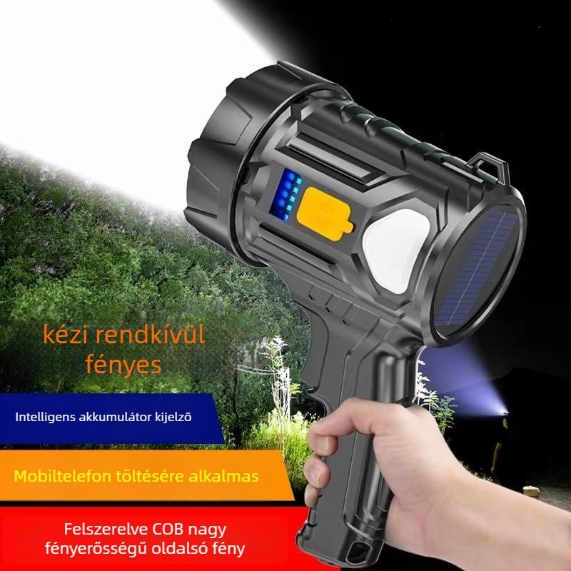 Kézzel működtethető LED zseblámpa kültéri használatra – napelemes töltés, 20W, 4200 mAh, hatótávolság 500 m felett
