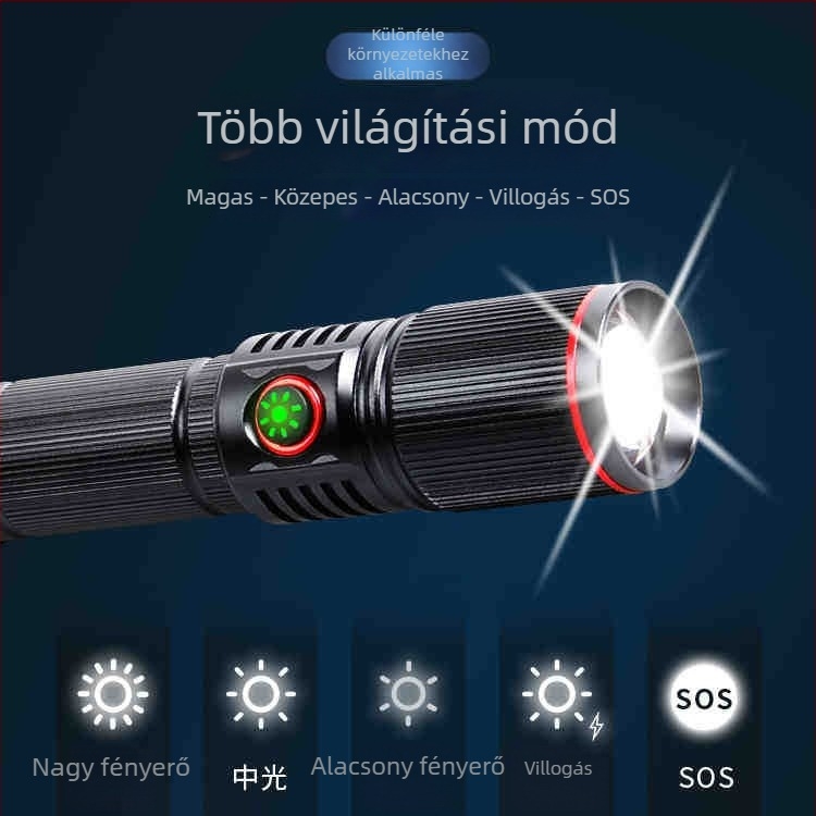 LED zseblámpa alumínium ötvözetből, Type-C töltés, teleszkópos zoom, 2000 mAh akkumulátor, hatótáv 200–500 m
