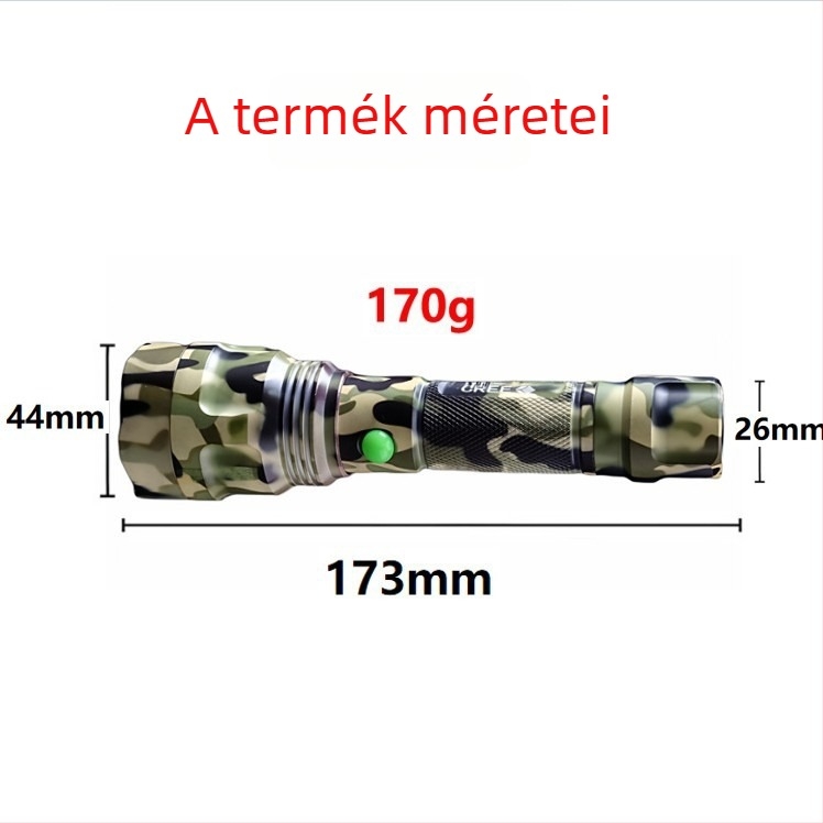 LED kézi zseblámpa, újratölthető, 10W, alumíniumötvözet, hatótávolság 200–500 m