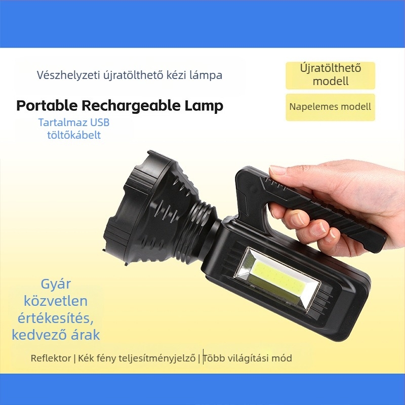 Kézihajtású LED zseblámpa napenergia és kézi töltéssel, 5W, 2400mAh, vízálló, kempingezéshez és horgászathoz