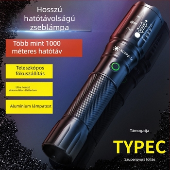 LED zseblámpa zoommal, USB-s újratöltés, alumínium-ötvözet test, 1200mAh akkumulátor, hatótávolság 200–500 m