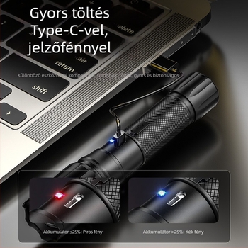 LED zseblámpa zoommal, USB-s újratöltés, alumínium-ötvözet test, 1200mAh akkumulátor, hatótávolság 200–500 m