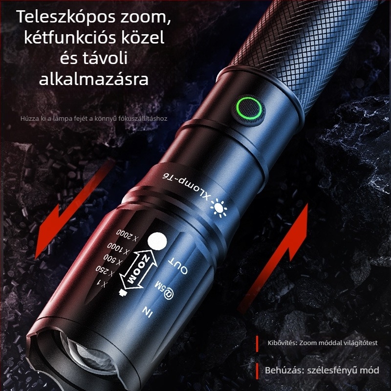 LED zseblámpa zoommal, USB-s újratöltés, alumínium-ötvözet test, 1200mAh akkumulátor, hatótávolság 200–500 m