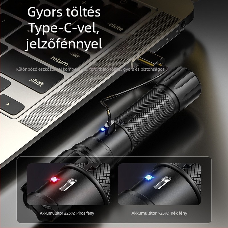 LED zseblámpa zoommal, USB-s újratöltés, alumínium-ötvözet test, 1200mAh akkumulátor, hatótávolság 200–500 m