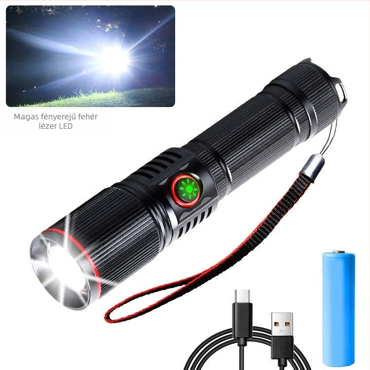 LED kézben tartható zseblámpa, Type-C töltés, alumíniumötvözet, teleszkópos zoom, 2000mAh akkumulátor, 200–500 m hatótáv